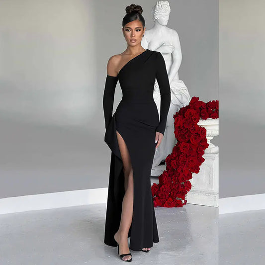 -Slant Off-Shoulder High-Slit Evening Dress