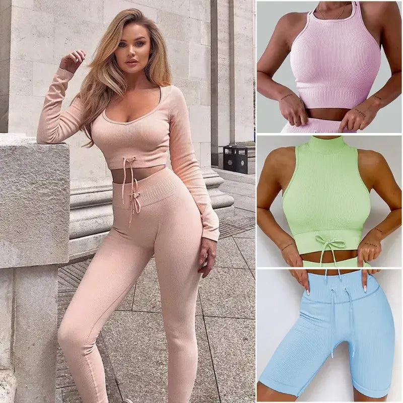 Backless Bra Strap Vest High Waist Leggings Shorts Fashion Sportswear.