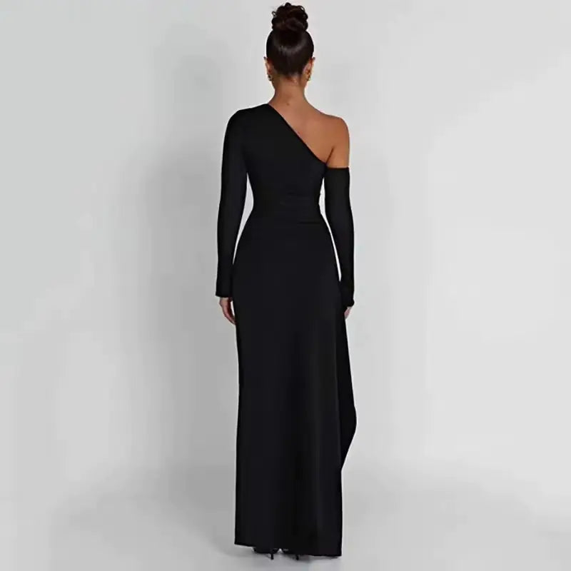 -Slant Off-Shoulder High-Slit Evening Dress