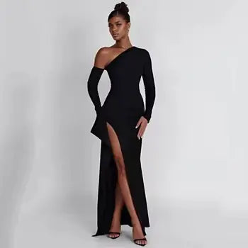 -Slant Off-Shoulder High-Slit Evening Dress