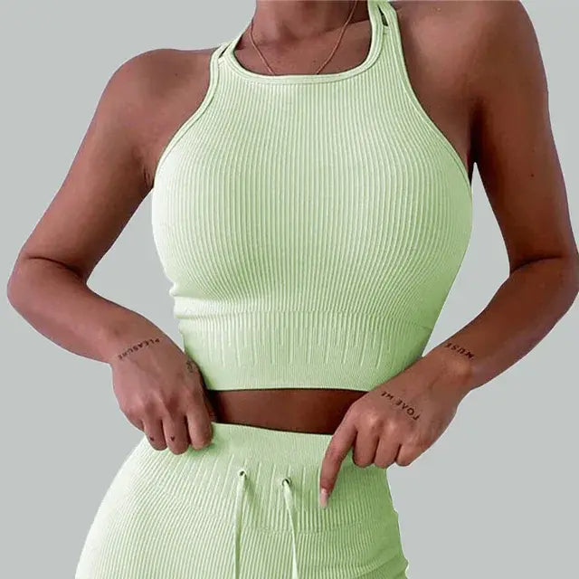 Backless Bra Strap Vest High Waist Leggings Shorts Fashion Sportswear.