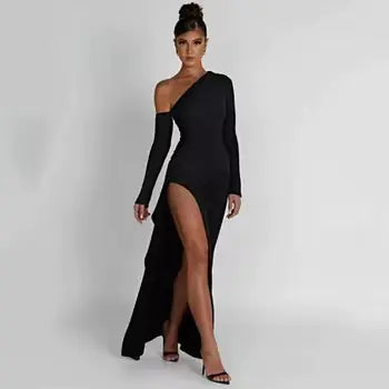 -Slant Off-Shoulder High-Slit Evening Dress