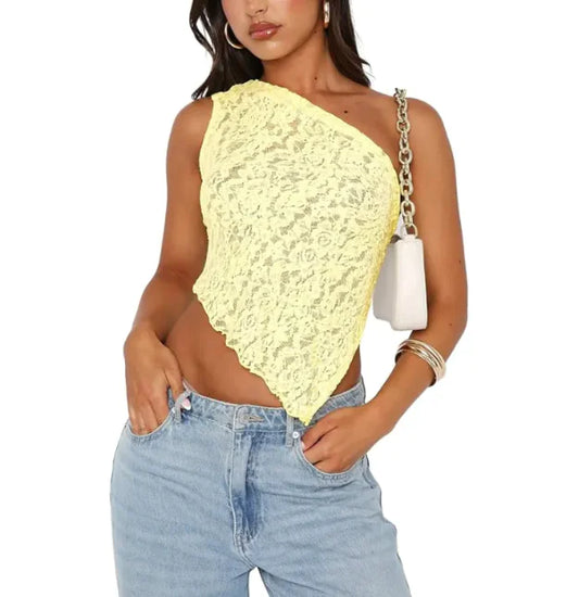 -Fairy Lace Cami Top – Sexy One-Shoulder Mesh Crop Tank