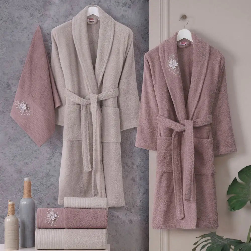 Hobby Line - Cotton Bathrobe Set - Rose Red Beige.