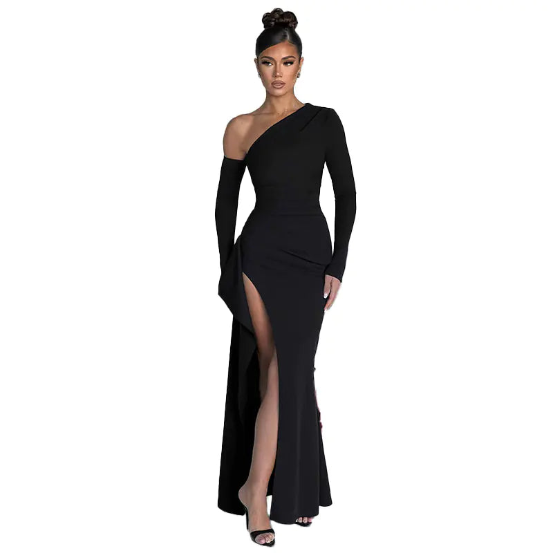 -Slant Off-Shoulder High-Slit Evening Dress