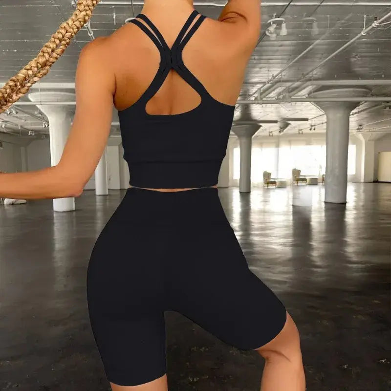 Backless Bra Strap Vest High Waist Leggings Shorts Fashion Sportswear.